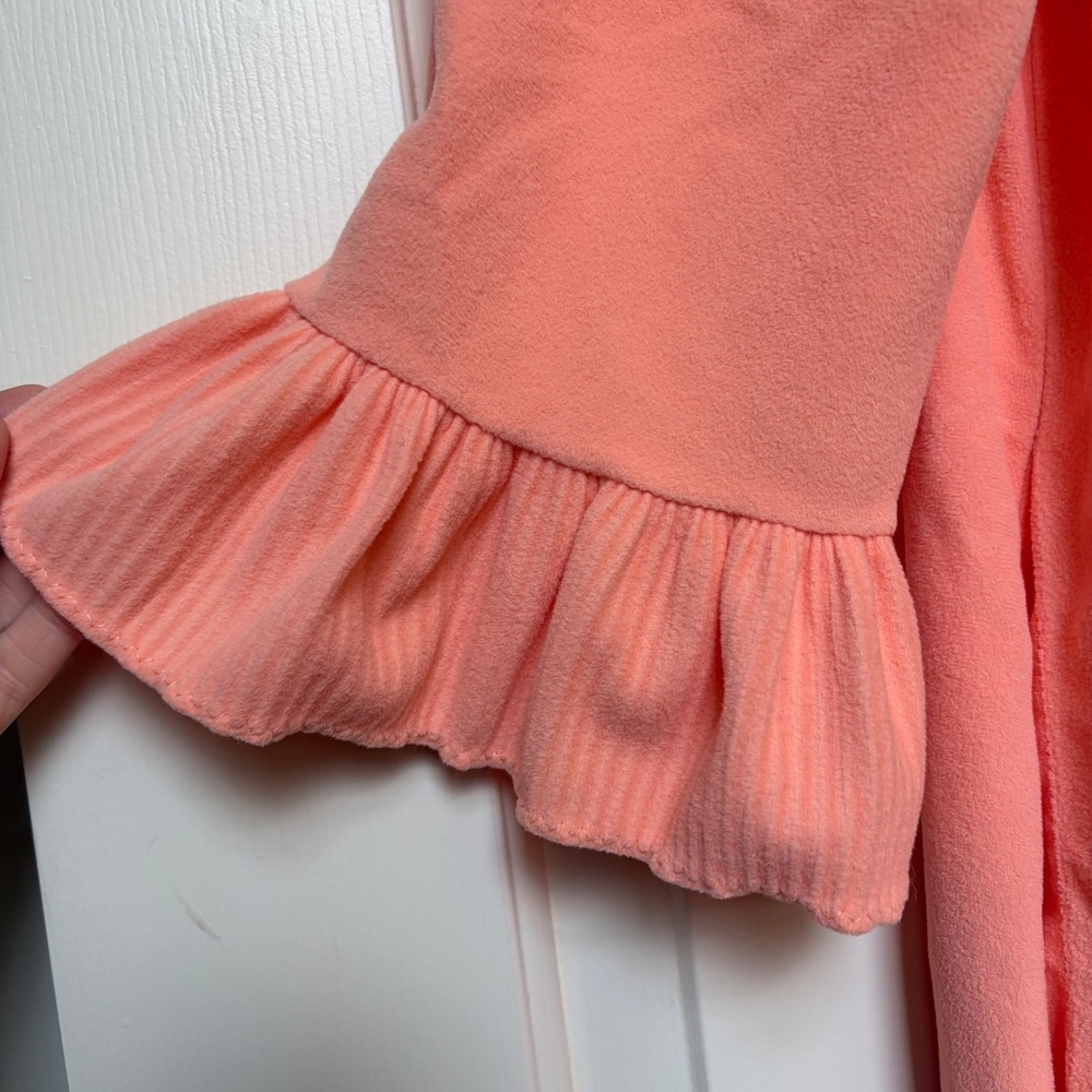 Vintage Peach Pink Fleece Ruffle Collar Button Maxi Robe Nightgown Loungewear - Picture 3 of 10